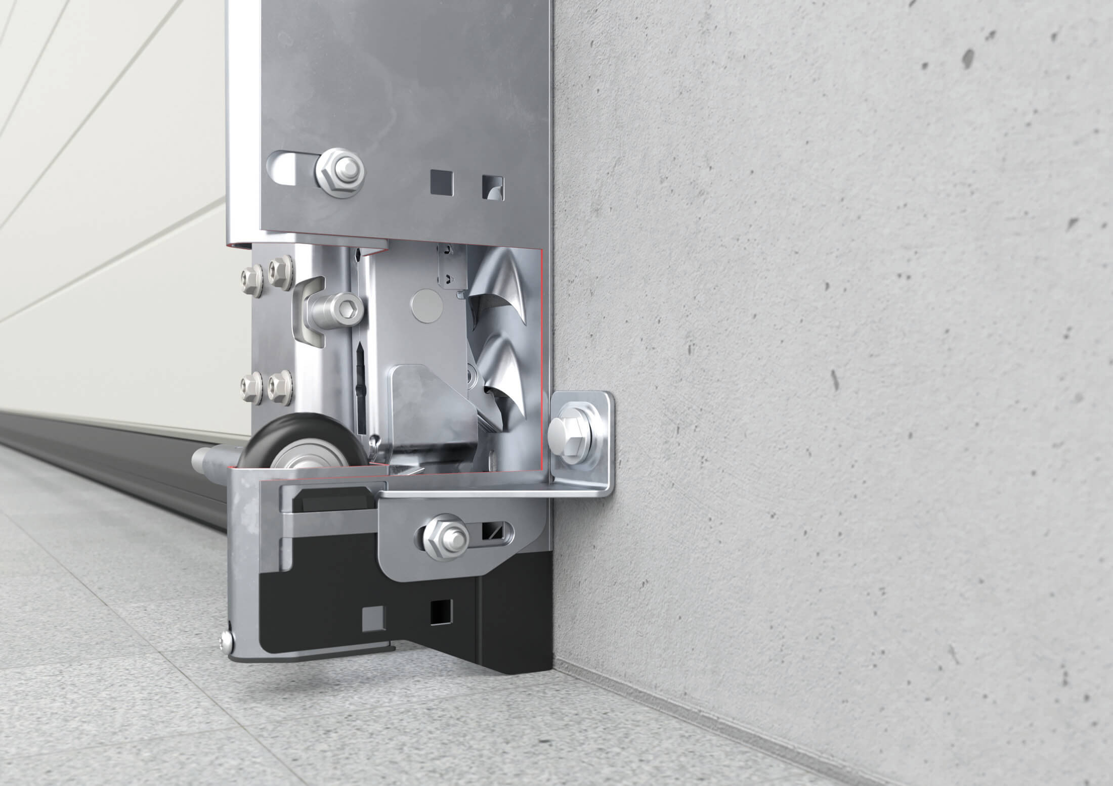 Der Verriegelungshaken der Aufschiebesicherung rastet beim Hochhebeln des Tors automatisch fest ein.