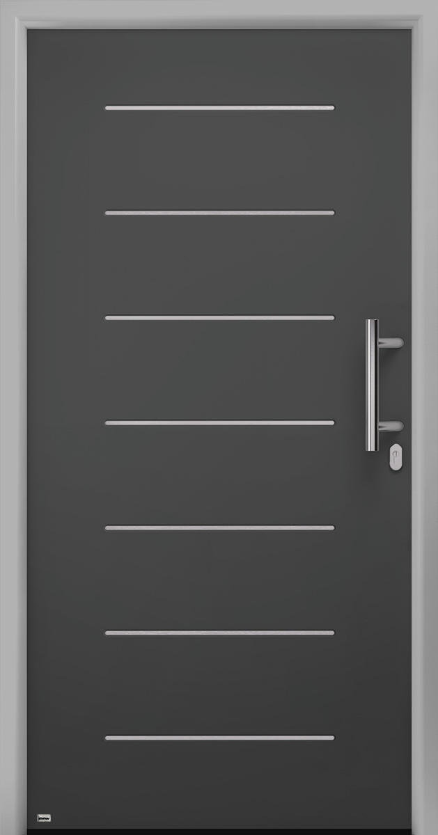 Zarge in Weißaluminium RAL 9006, Türblatt in Titan Metallic CH 703