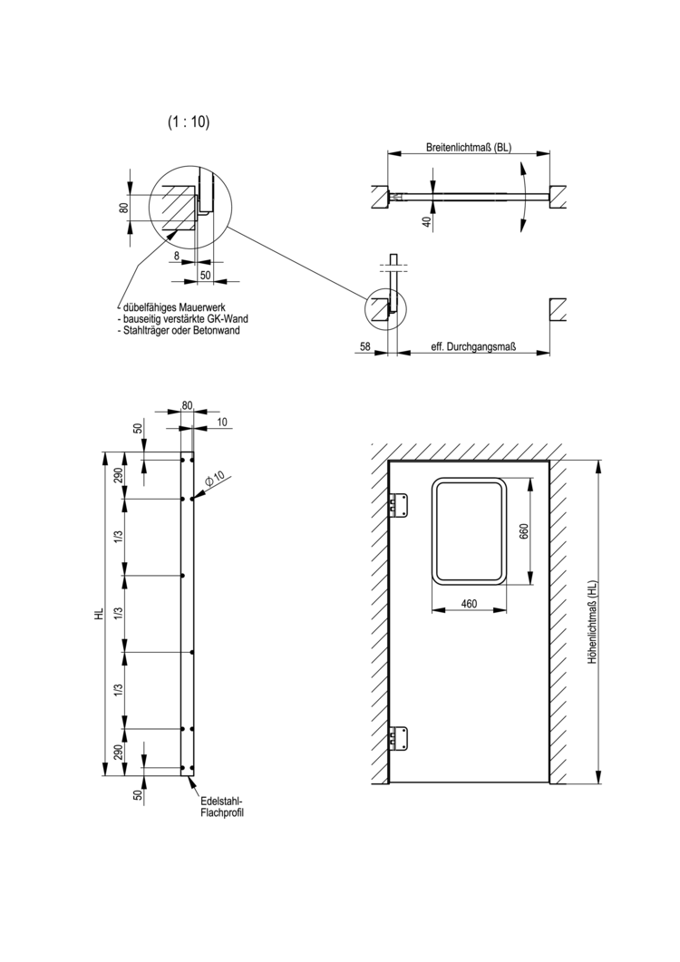 Pendeltür aus Edelstahl mit Flachprofil - 1-flüglig