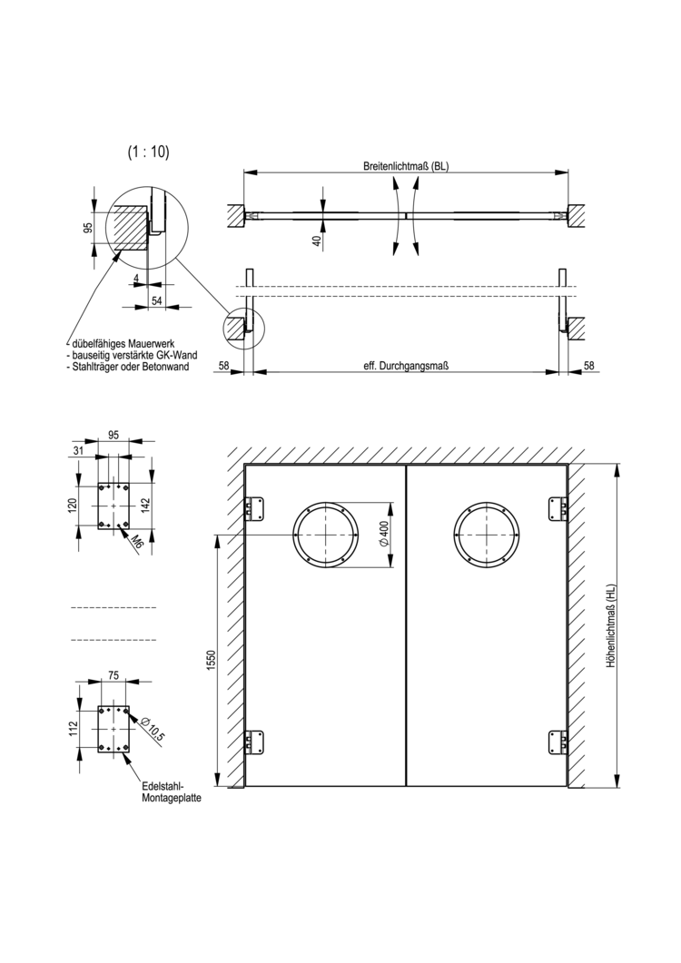 Pendeltür aus Holz und HPL mit Montageplatte - 2-flüglig