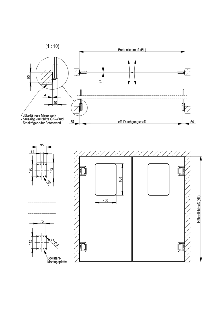 Pendeltür aus PE mit Montageplatte - 2-flüglig