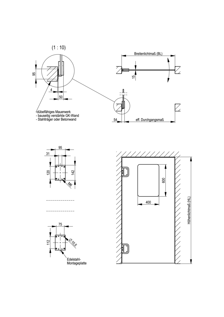 Pendeltür aus PE mit Montageplatte - 1-flüglig