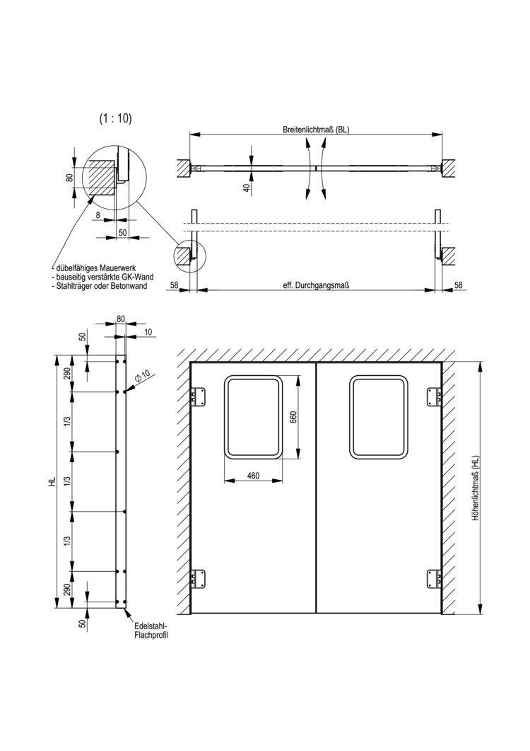 Pendeltür aus Edelstahl mit Flachprofil - 2-flüglig