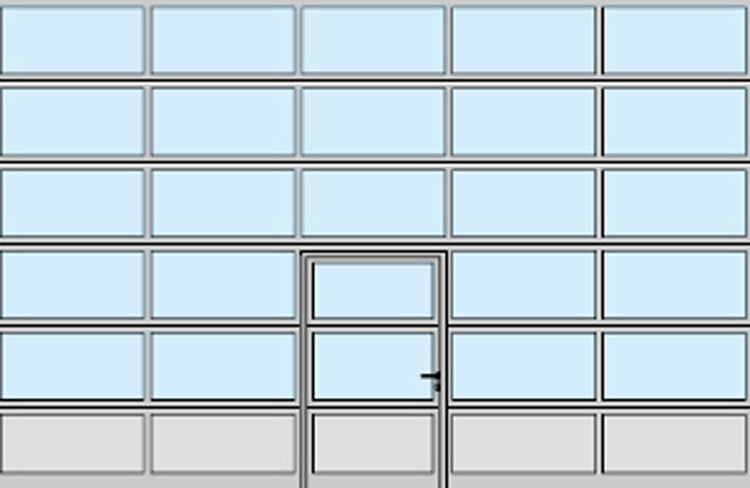 Schlupftüranordnung mittig mit gleichmäßiger Feldaufteilung